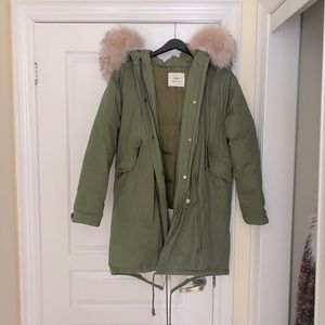 Green puffer with pink real fur